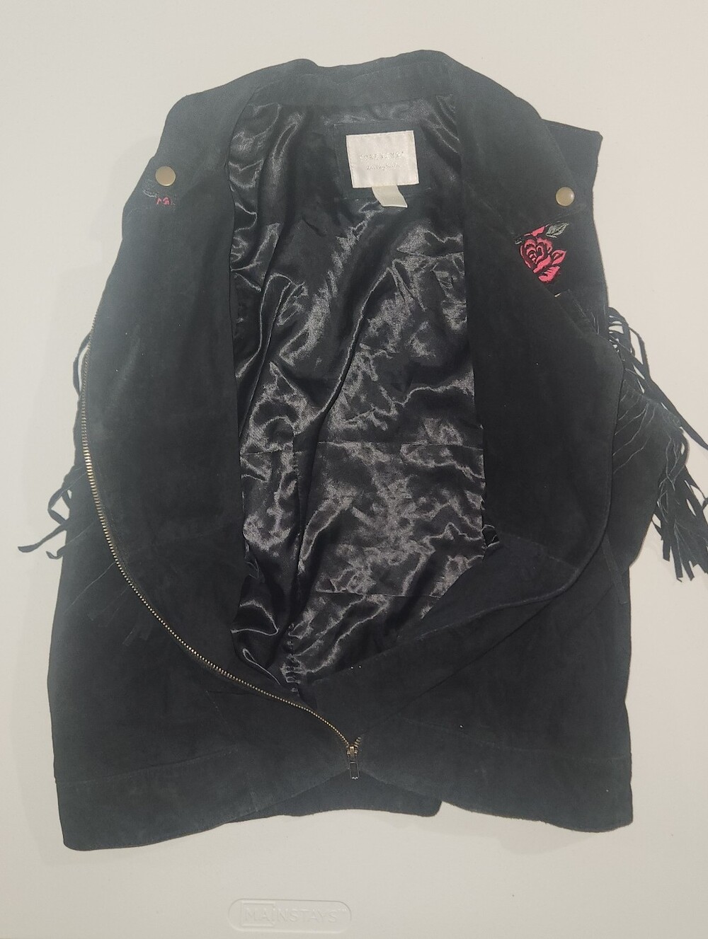 Forever 21 Black Suede Fringe Jacket with Embroidered Rose Size L Women